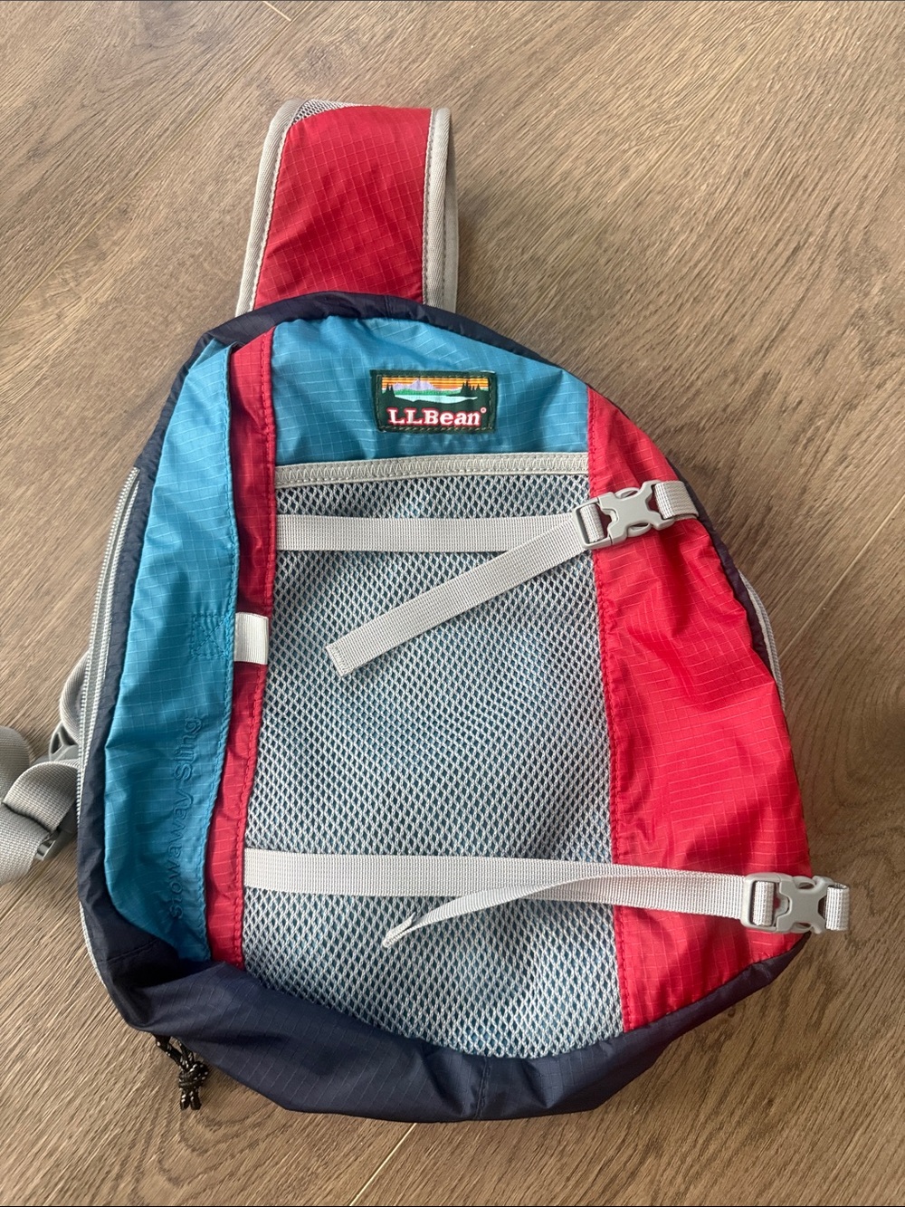 L.L. Bean Red, Blue & Gray Stowaway Sling Backpack